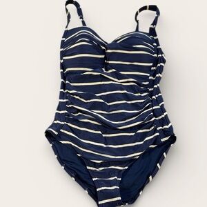 Nip Tuck Swim Navy blue White Stripe One-Piece Swimsuit Size 8 Ruching Slimming